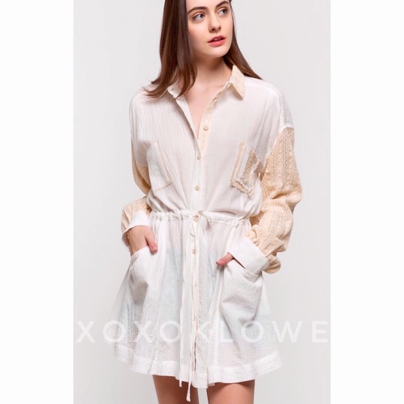 POL Off White Shirt Dress Lace Long Sleeves Oversized Fit - Picture 3 of 10